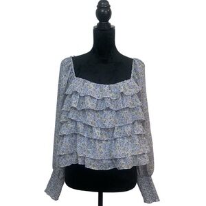 Astr Women’s L Floral Ruffled Blouse Light Blue Cropped Long Sleeves Peasant